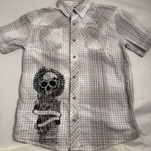 SK-II multicolor black white gray skull graphic short sleeve button down shirt